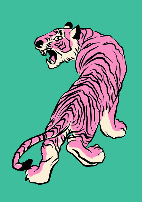 Little Dean - Pink Tiger Against A Teal Background