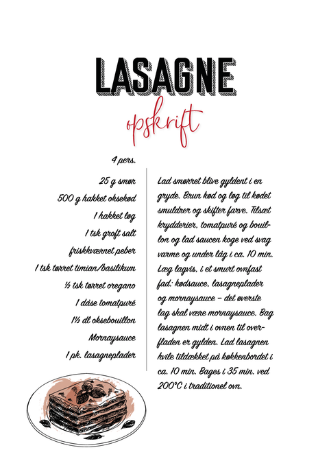 Lasagne opskrift - Køkken plakat