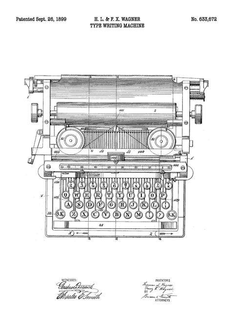 Skrivemaskine plakat - Original patent tegning