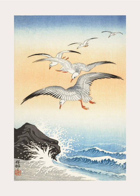 Five seagulls above the sea - Japansk kunstplakat