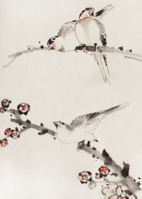 Three birds perched on branches - Japansk kunstplakat