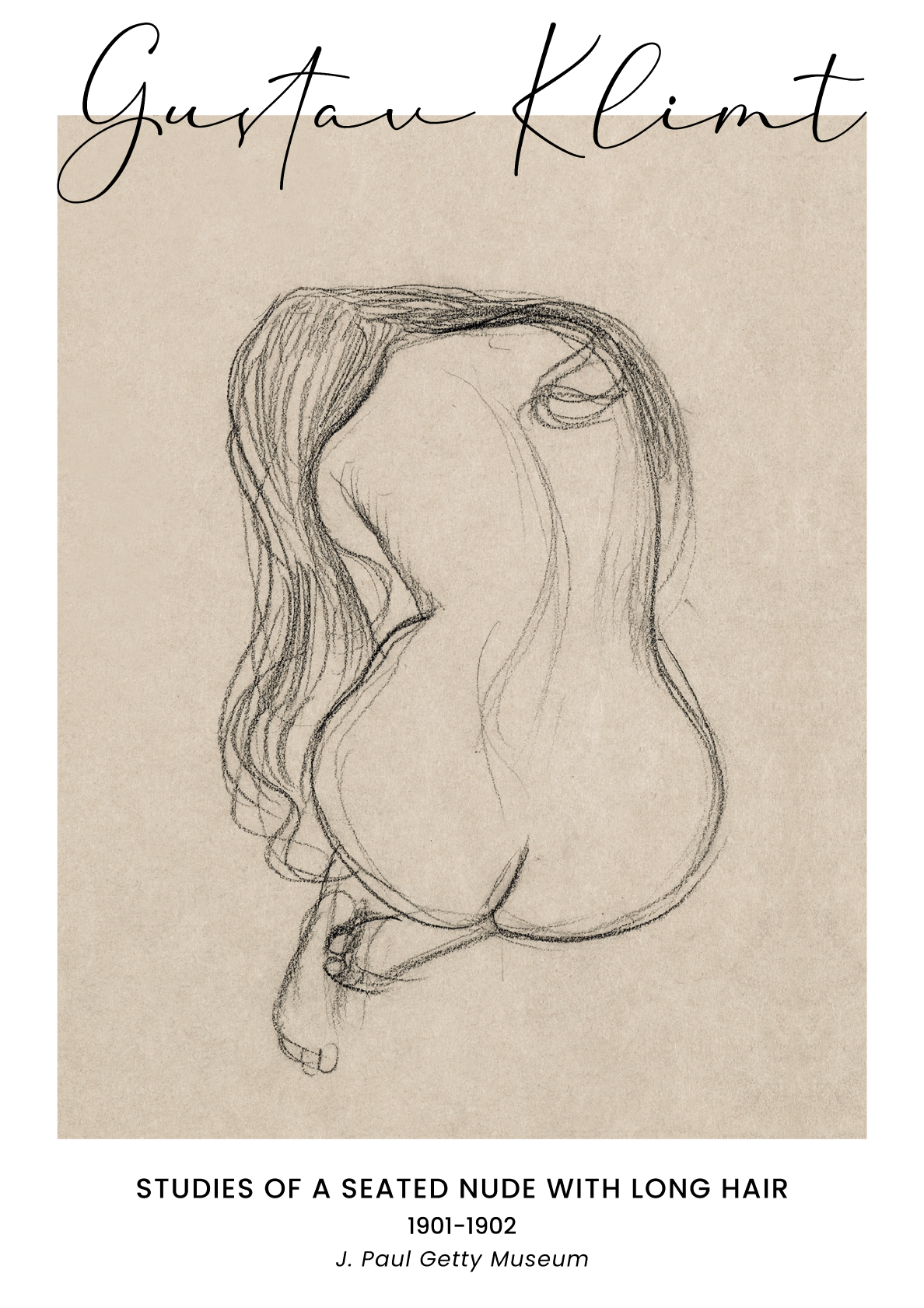Billede af Studies of a seated nude with long hair - Gustav Klimt kunstplakat